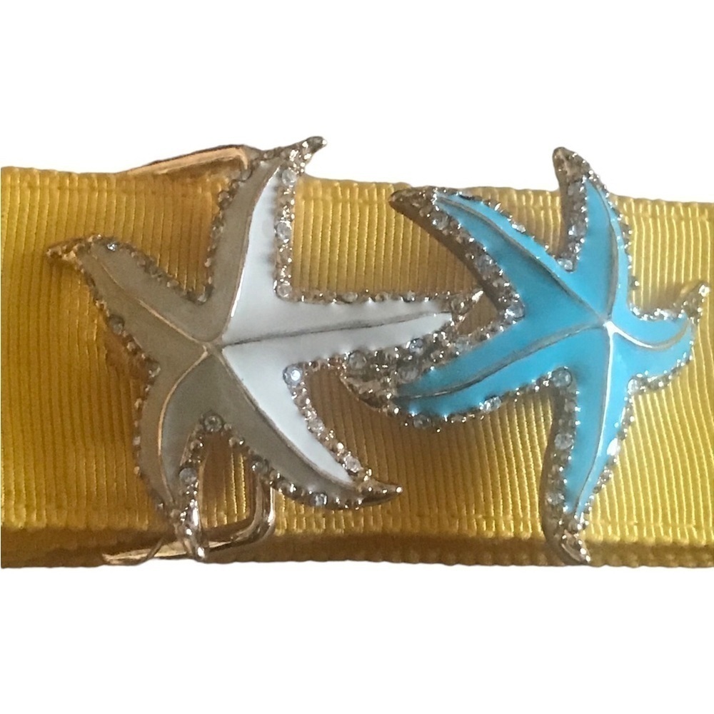 J Crew Woman’s Belt Star Fish Sea Star Ribbon Yellow Gold Blue White Enamel Med - Picture 1 of 6